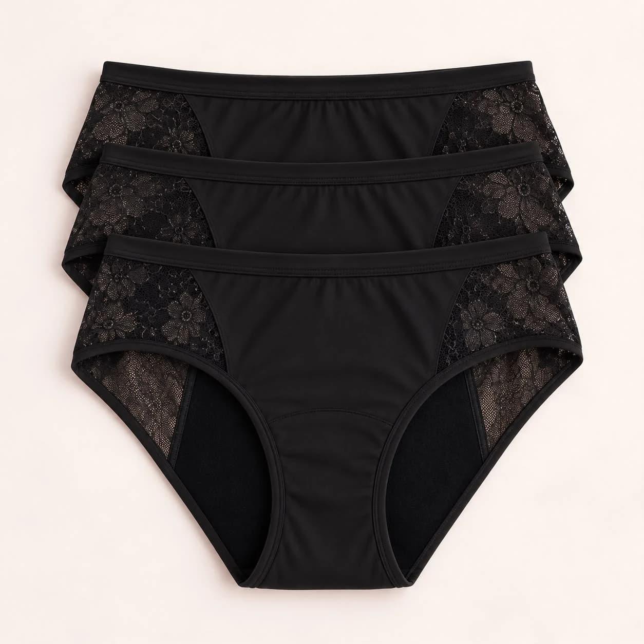 Three pairs of Cotton period underwear in Midnight Black with lace side panels