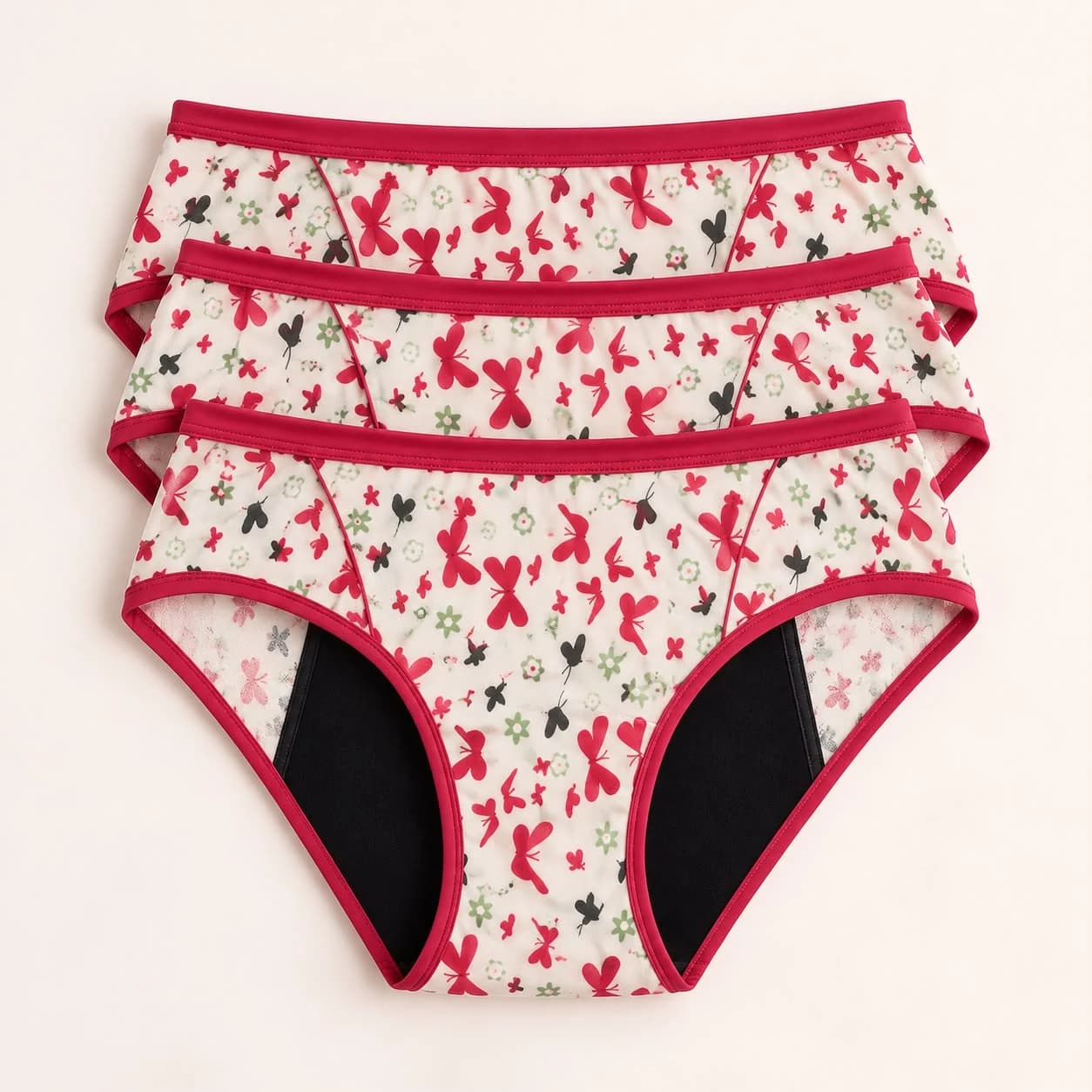 Three pairs of Kids/Teen period underwear in a red and green butterfly and flower print with red trim
