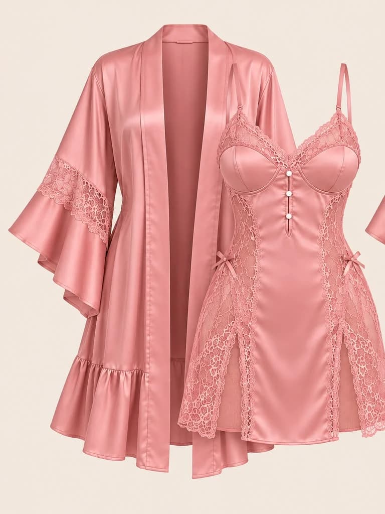 Satin Baby Doll Set from the front: a pink satin baby doll with lace panels beside its matching robe