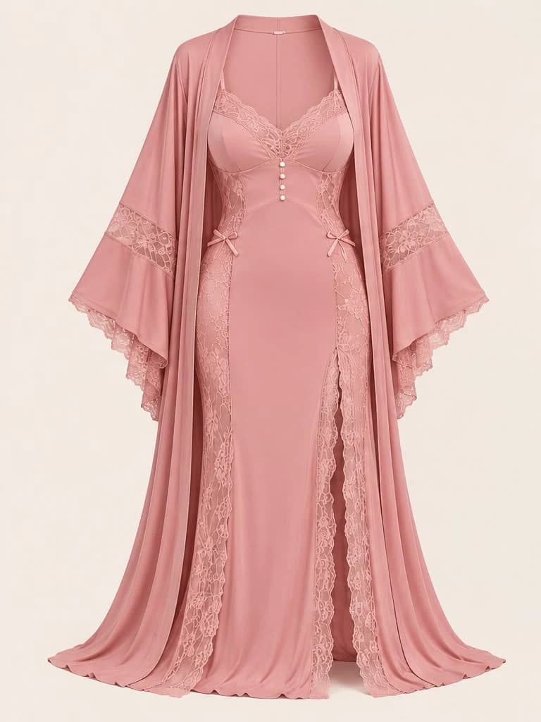 Signature Comfort Set from the front: a long pink nightgown with lace panels under its matching long robe